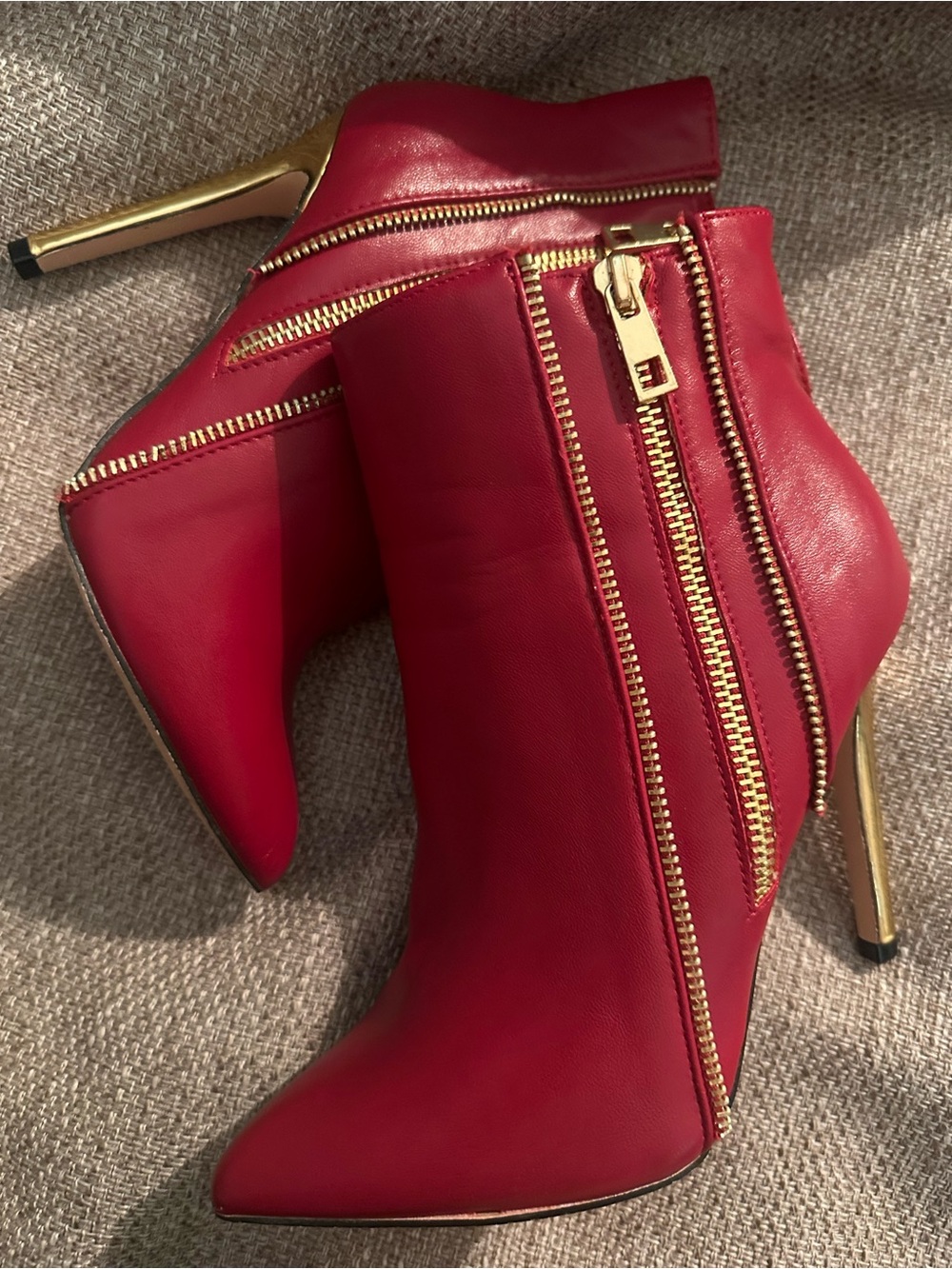 Catherine Malandrino Red Leather Stiletto Ankle Boots with Gold Zippers
